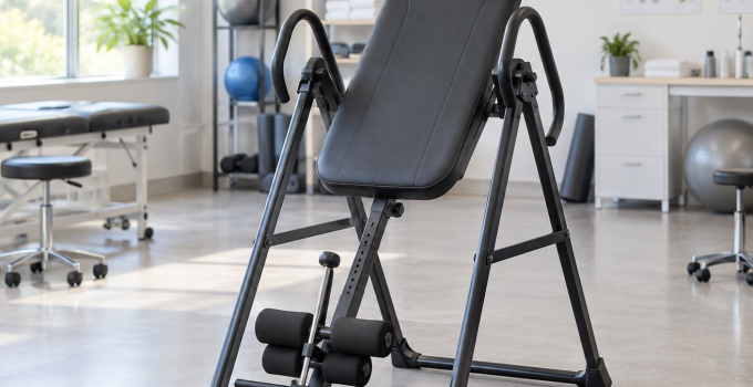 A black inversion table is in a bright, modern physical therapy clinic with exercise equipment visible.