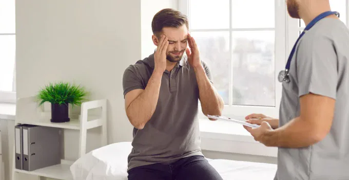 A male patient with his eyes closed and hands on his head is talking to a doctor about his headache. He may be seeking headache pain relief at a clinic in Grand Rapids, MI.